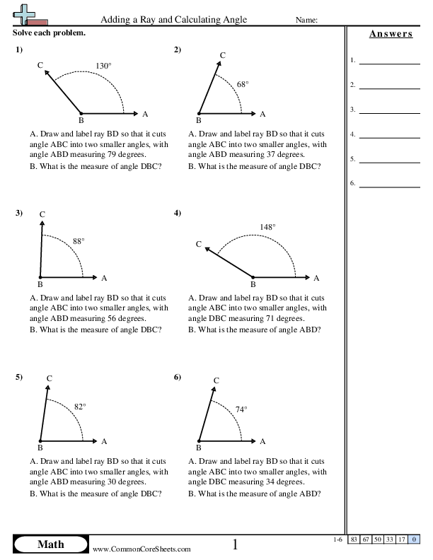 Angles Worksheets - Adding a Ray and Calculating Angle worksheet